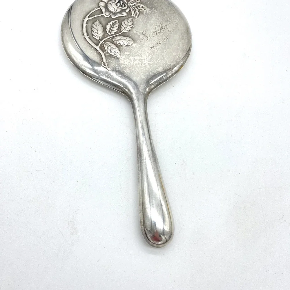 Vintage Alpaka Silver Tone‎ Hand Mirror Rose Embossed Sirkka 1955 Engraved
